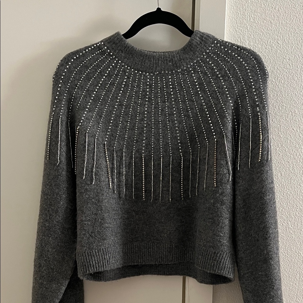 Zara Gray Sweater with Silver Jeweled/Beaded Details